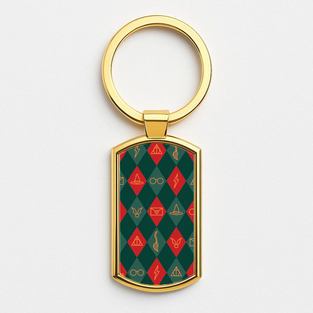 Christmas Wizard Icons Argyle Pattern Gold Keyring