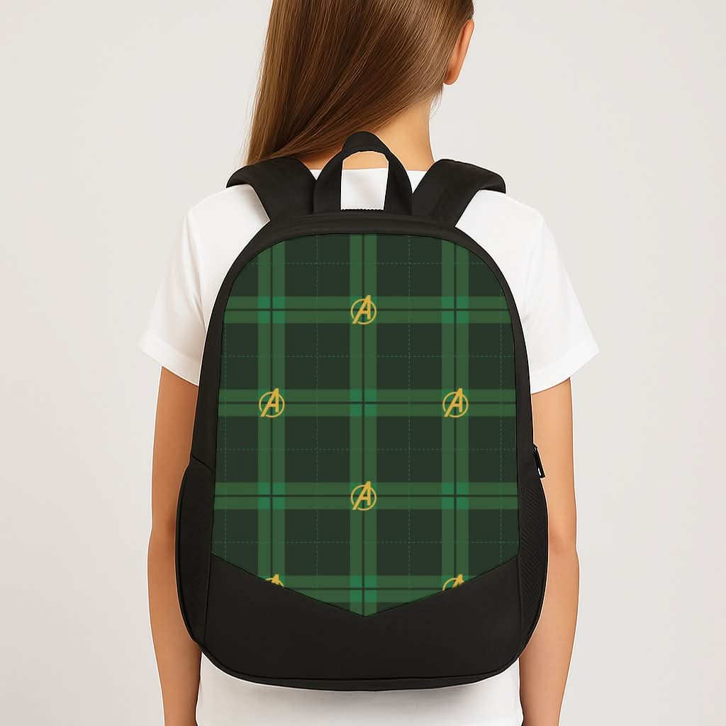 Superhero Team Green Tartan Pattern School Bag