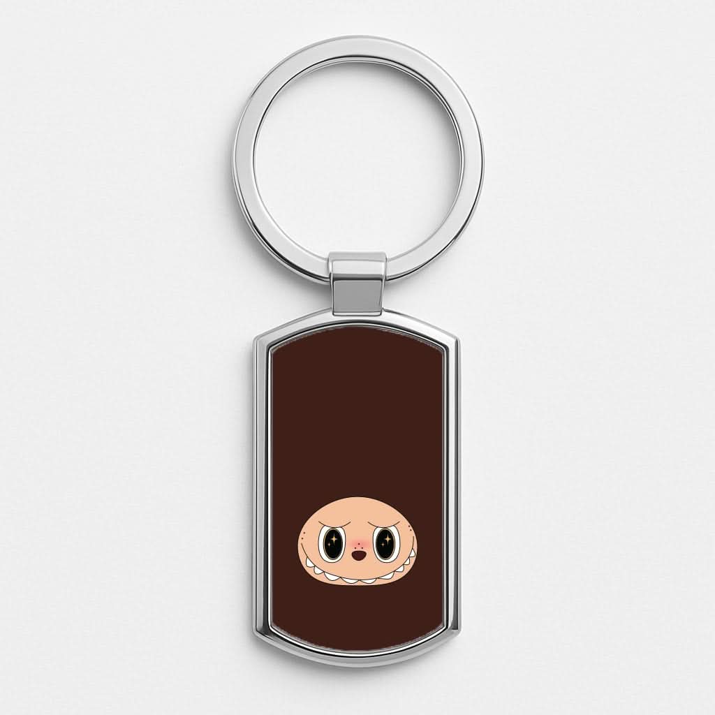 Cute Brown Monster Face Silver Metal Keyring