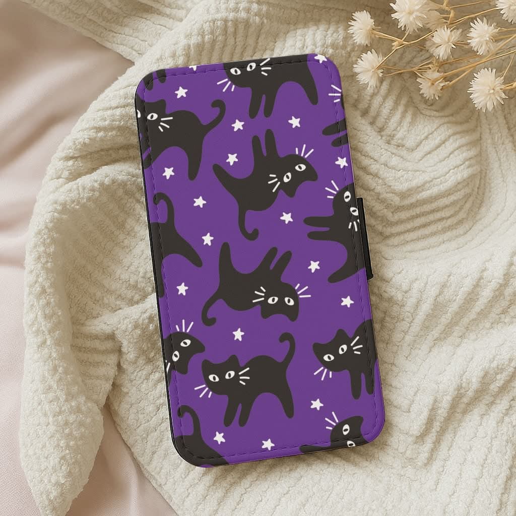 Cartoon Black Cats And Stars Pattern Leather Phone Case