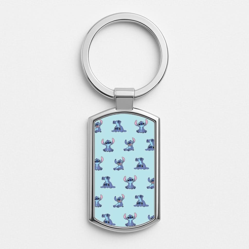 Cute Blue Alien Pose Pattern Silver Metal Keyring