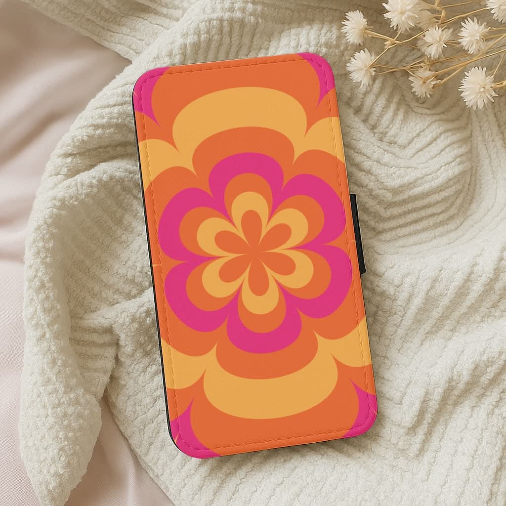 Sunset Trippy Flower Pattern Leather Phone Case