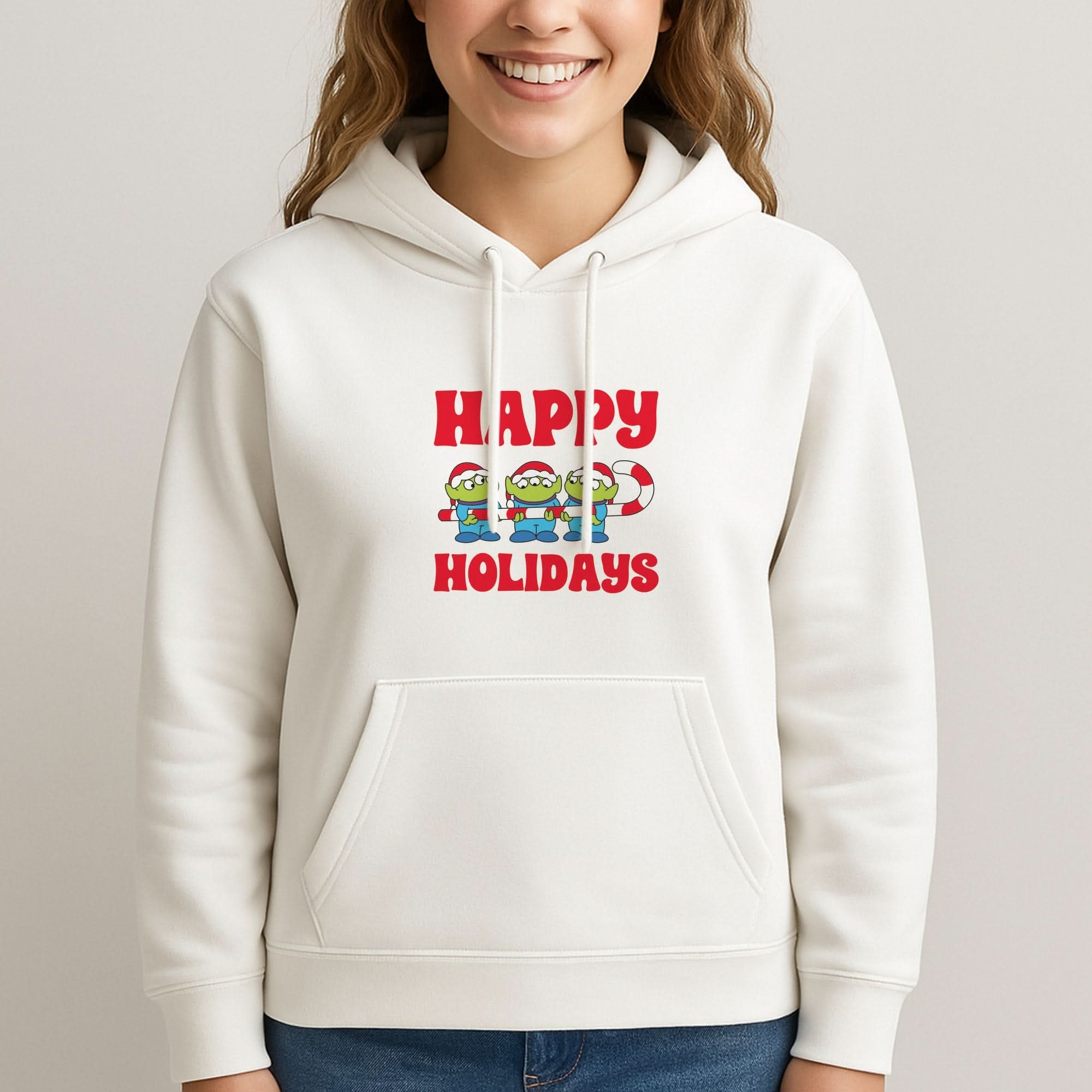 Happy Holidays Cute Green Aliens Womans Hooded Sweatshirt