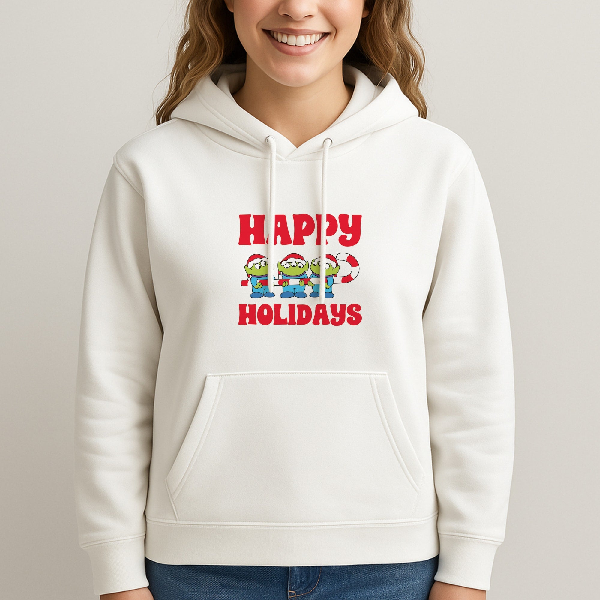 Happy Holidays Cute Green Aliens Womans Hooded Sweatshirt