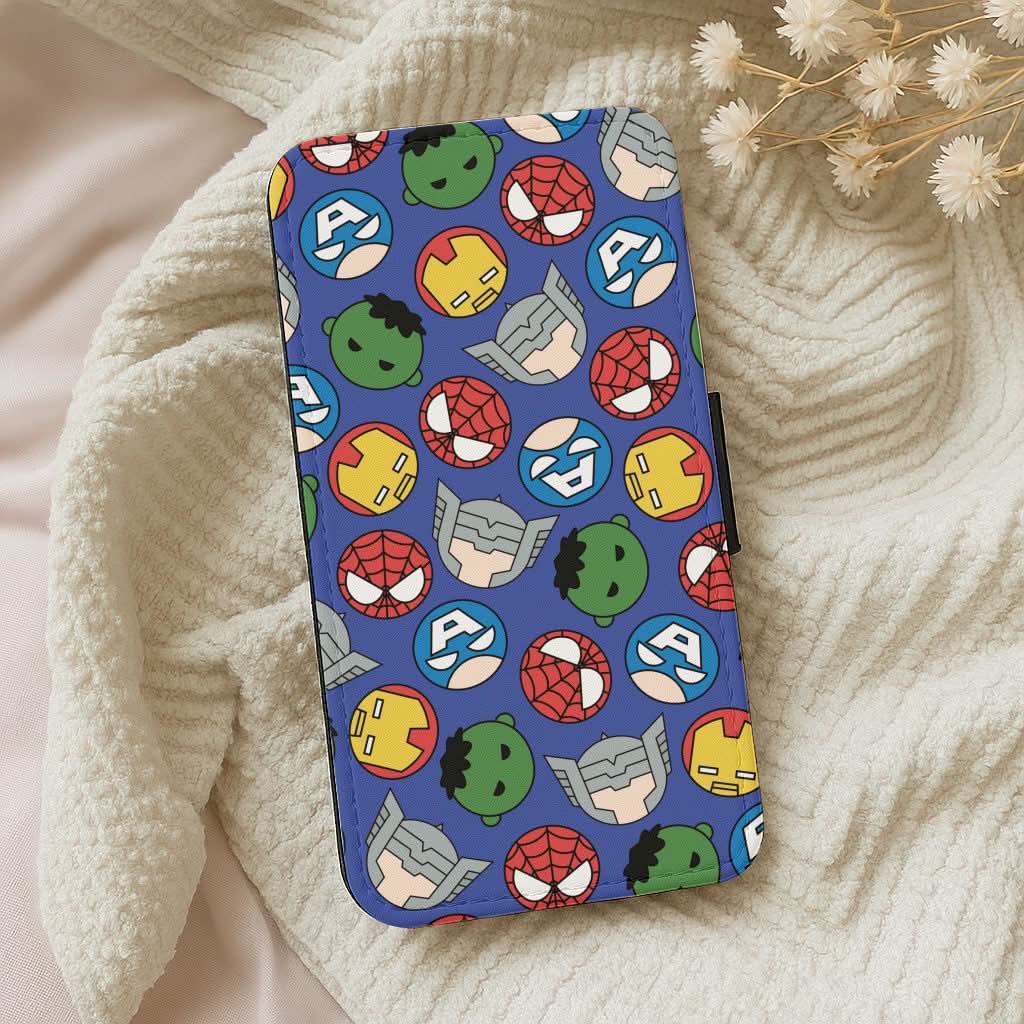 Cute Chibi Heroes Pattern Blue Leather Phone Case