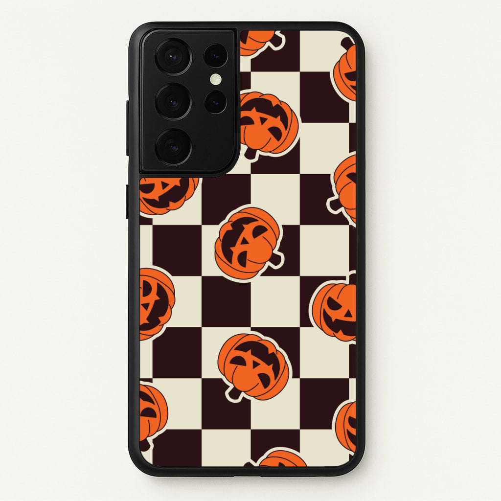 Pumpkin Stickers Checkered Pattern Galaxy S21 Ultra Case