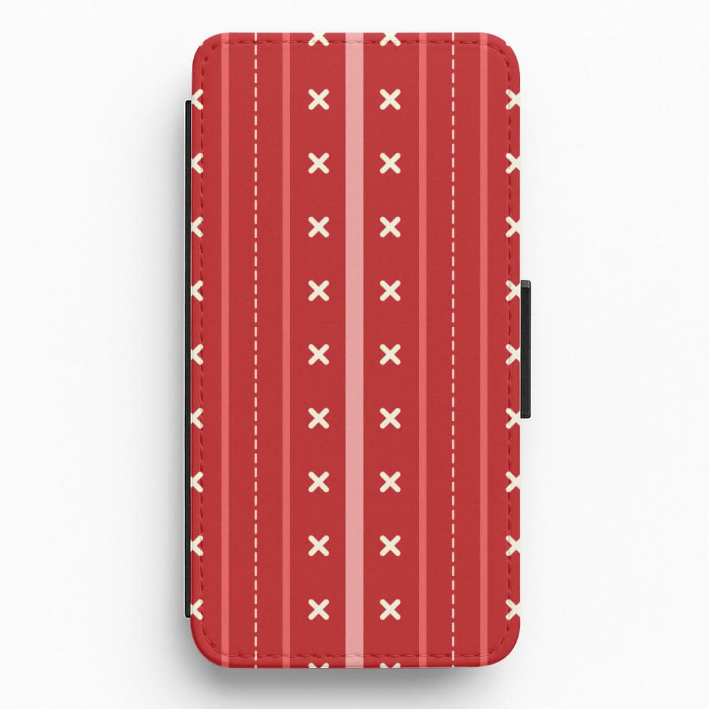 Stripes And Stitches Red Christmas Pattern Flip / Wallet Phone Case