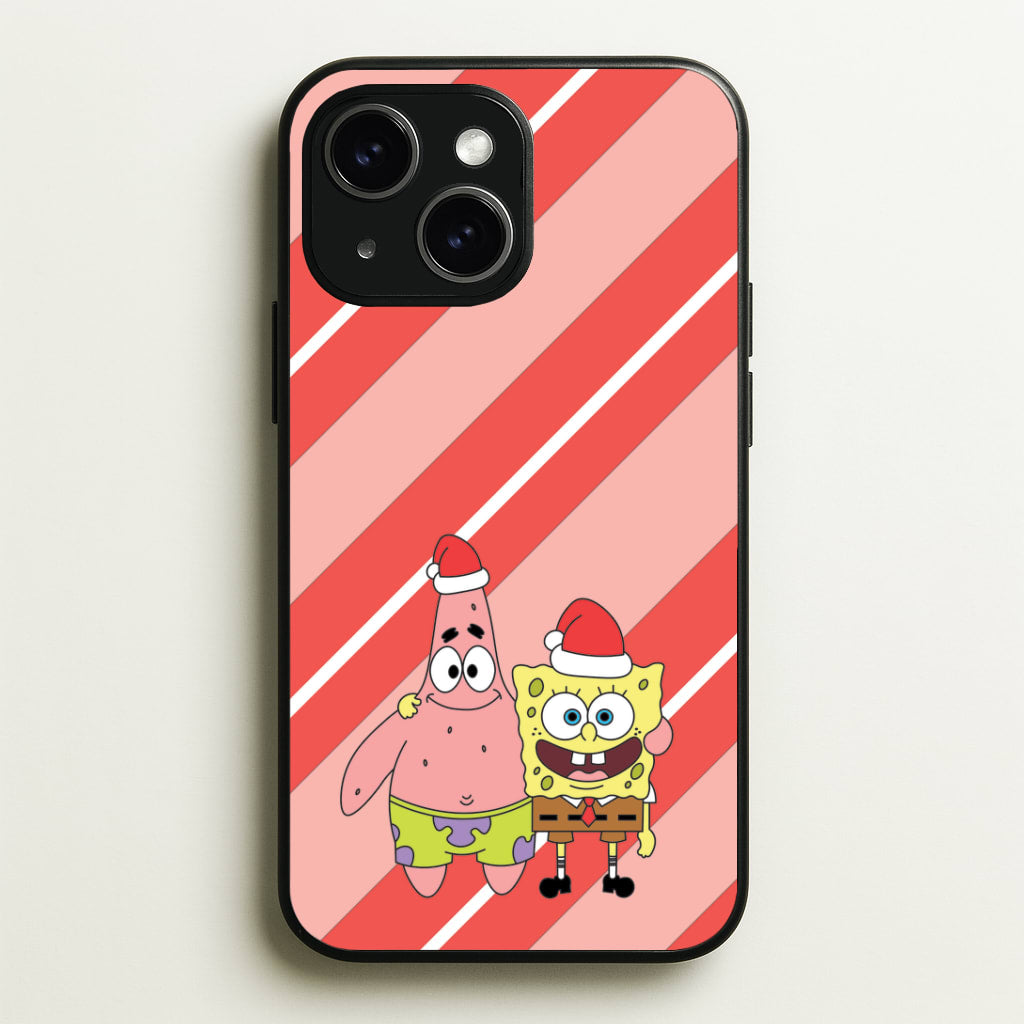 Cartoon Sponge And Starfish Christmas Hats iPhone 15 Plus Case