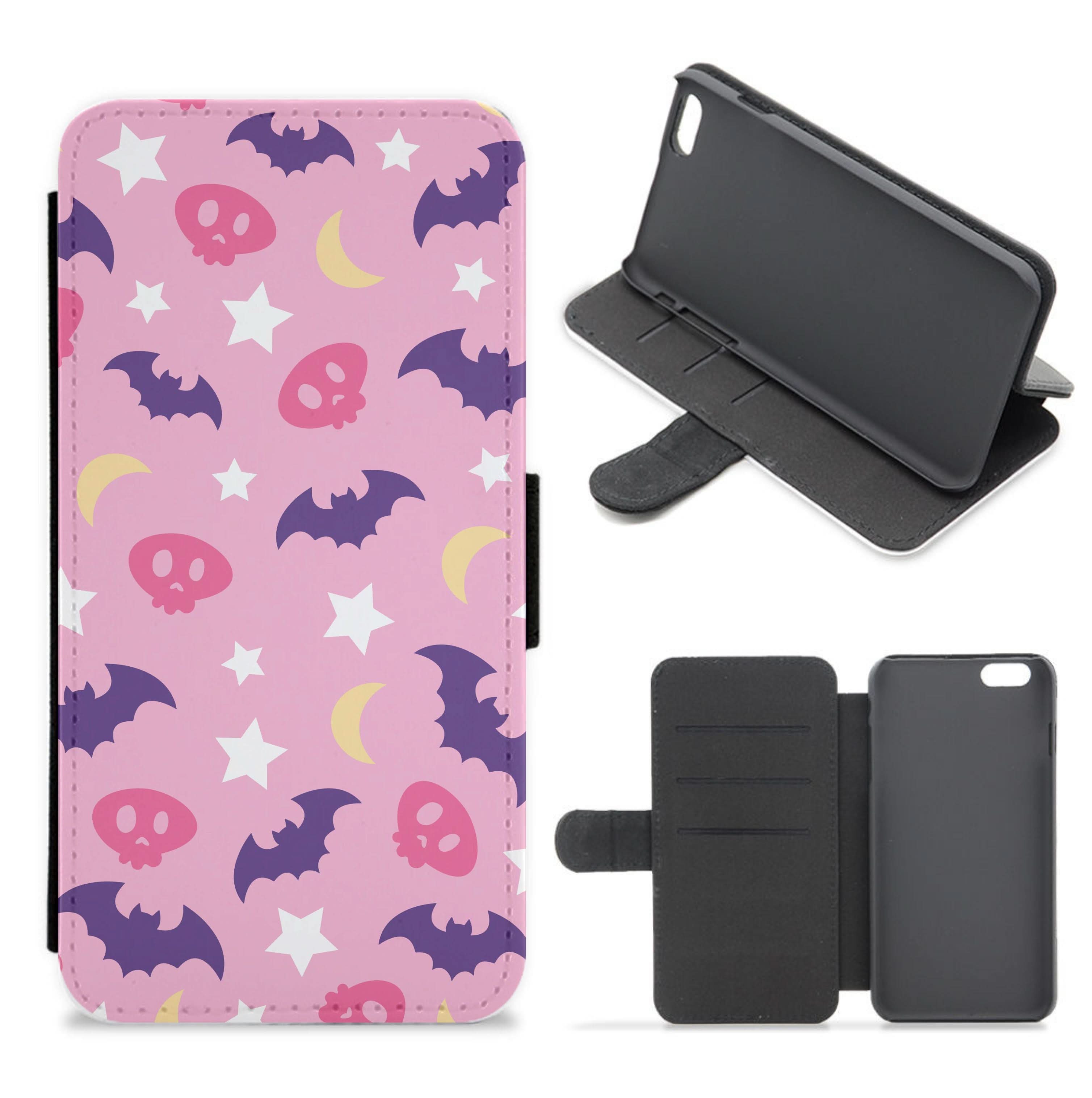 Skull, Bats And Stars Pattern Flip / Wallet Phone Case