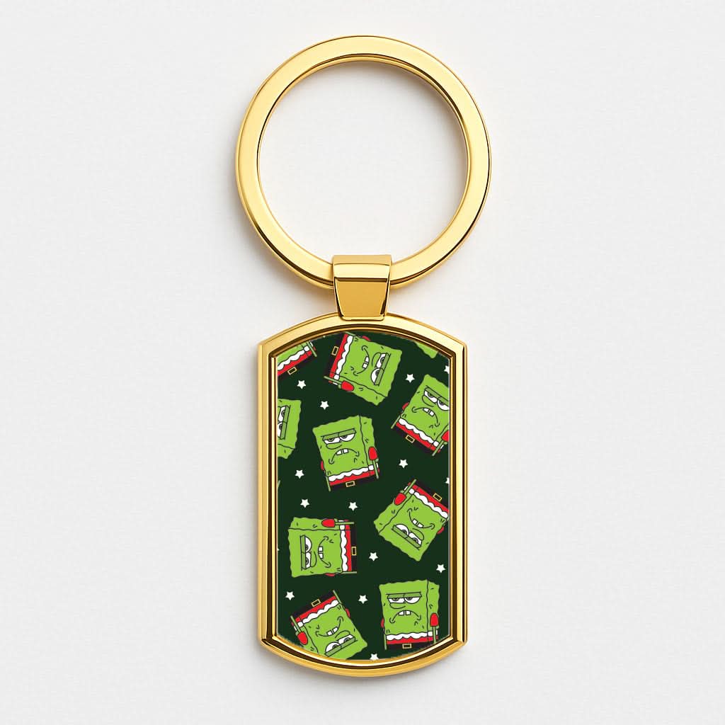 Grumpy Christmas Cartoon Sponge Pattern Gold Keyring