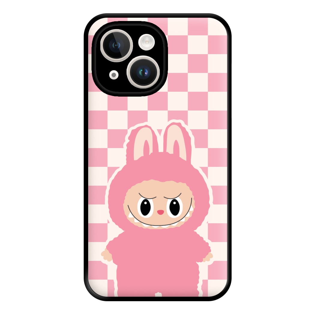 Checkered Cute Pink Monster iPhone 14 Plus Case
