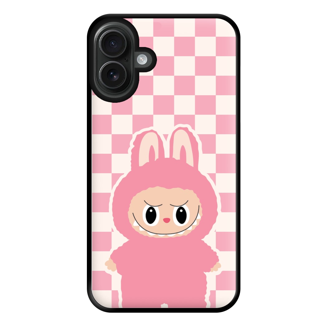 Checkered Cute Pink Monster iPhone 16 Plus Case