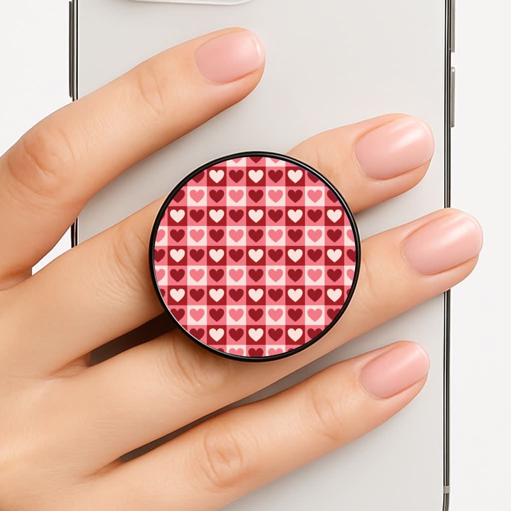 Pink Tartan Love Hearts Pattern Phone Grip