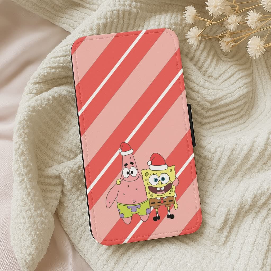 Cartoon Sponge And Starfish Christmas Hats Leather Phone Case