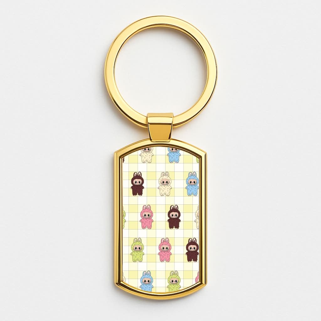 Cute Colourful Monsters Checkered Pattern Gold Keyring