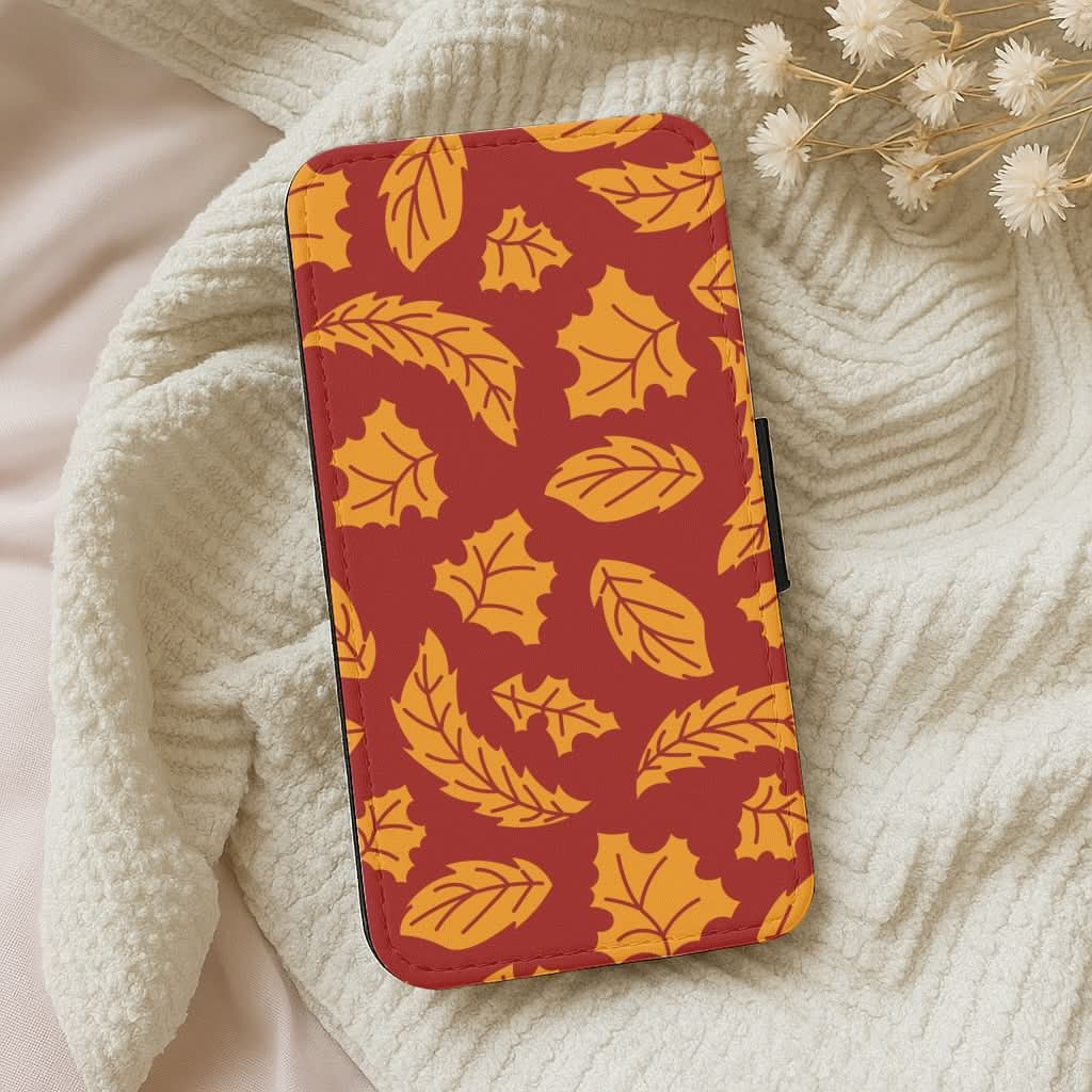 Orange Leaves Pattern Leather Phone Case