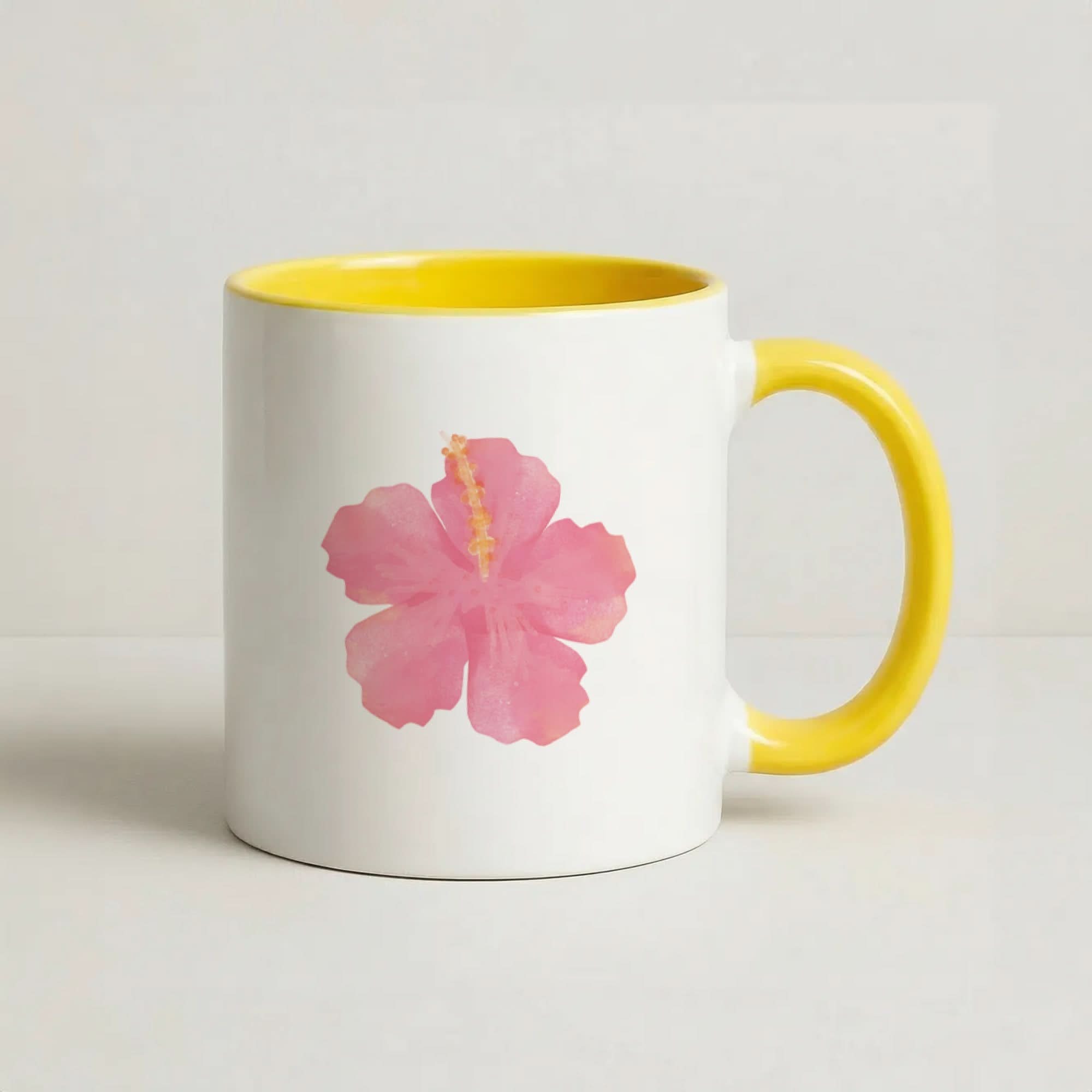 Pink Hibiscus Yellow Mug