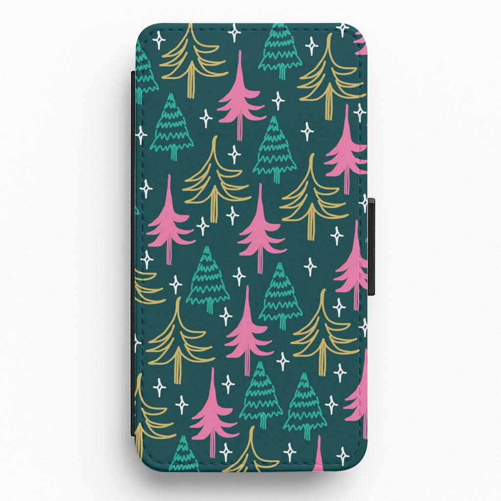 Colourful Sketched Christmas Trees Pattern Flip / Wallet Phone Case