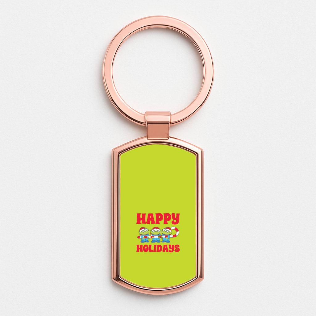 Happy Holidays Cute Green Aliens Rose Gold Keyring