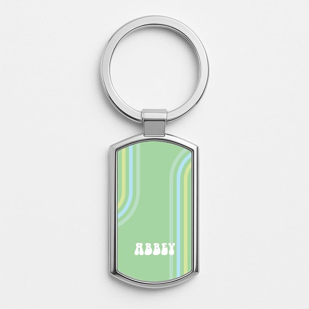 Retro Green Personalised Name Silver Metal Keyring