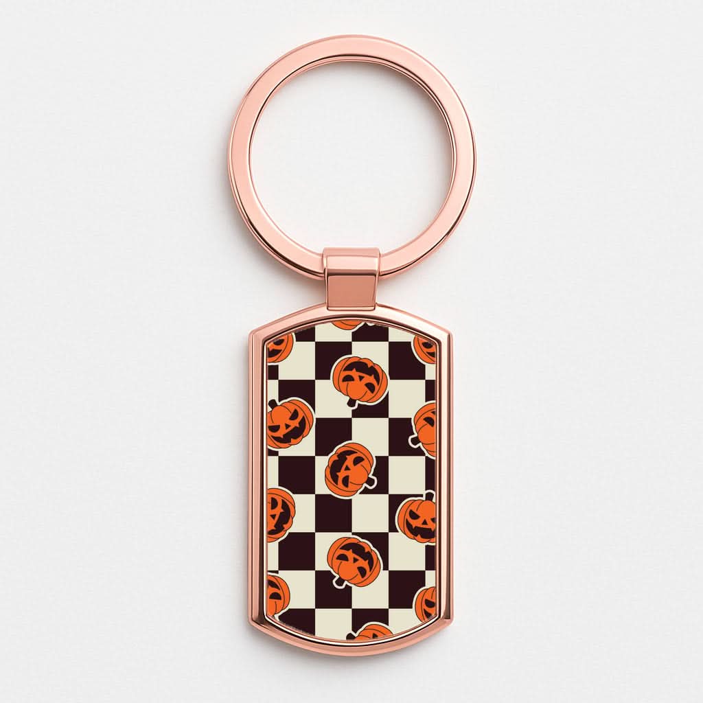 Pumpkin Stickers Checkered Pattern Rose Gold Keyring