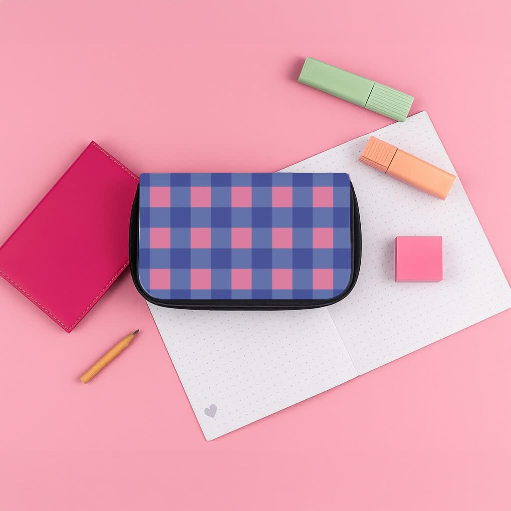 Pink And Blue Checkered Pattern Pencil Case