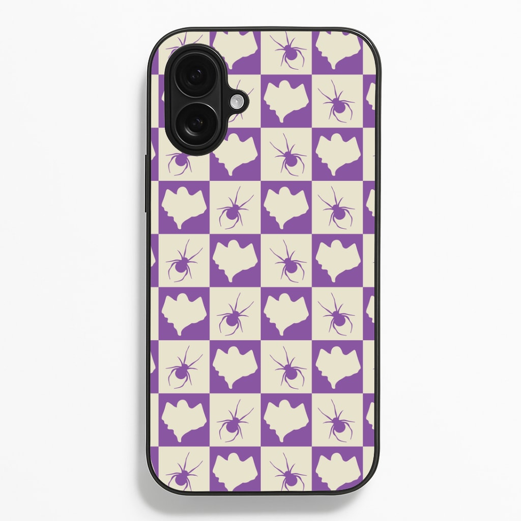 Spiders And Ghosts Checkered Pattern I iPhone 16 Plus Case