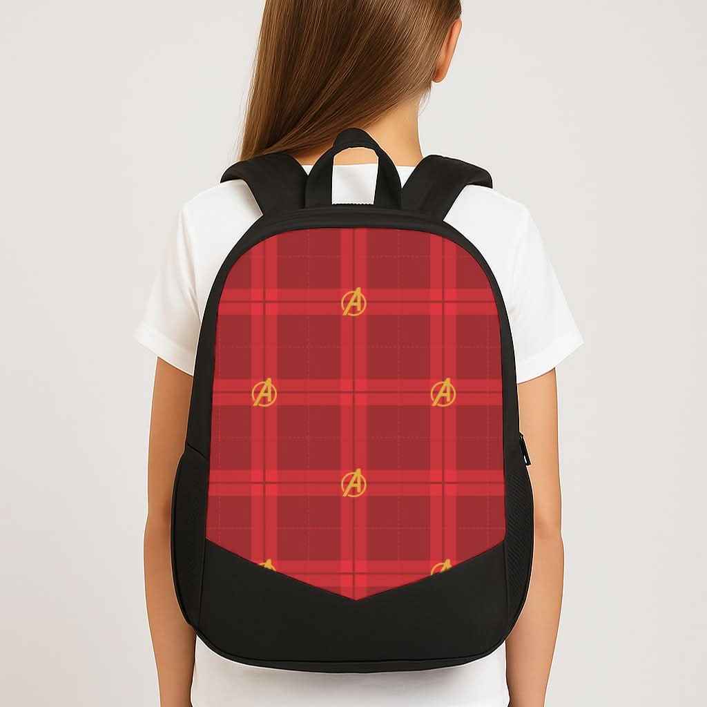 Superhero Team Red Tartan Pattern School Bag
