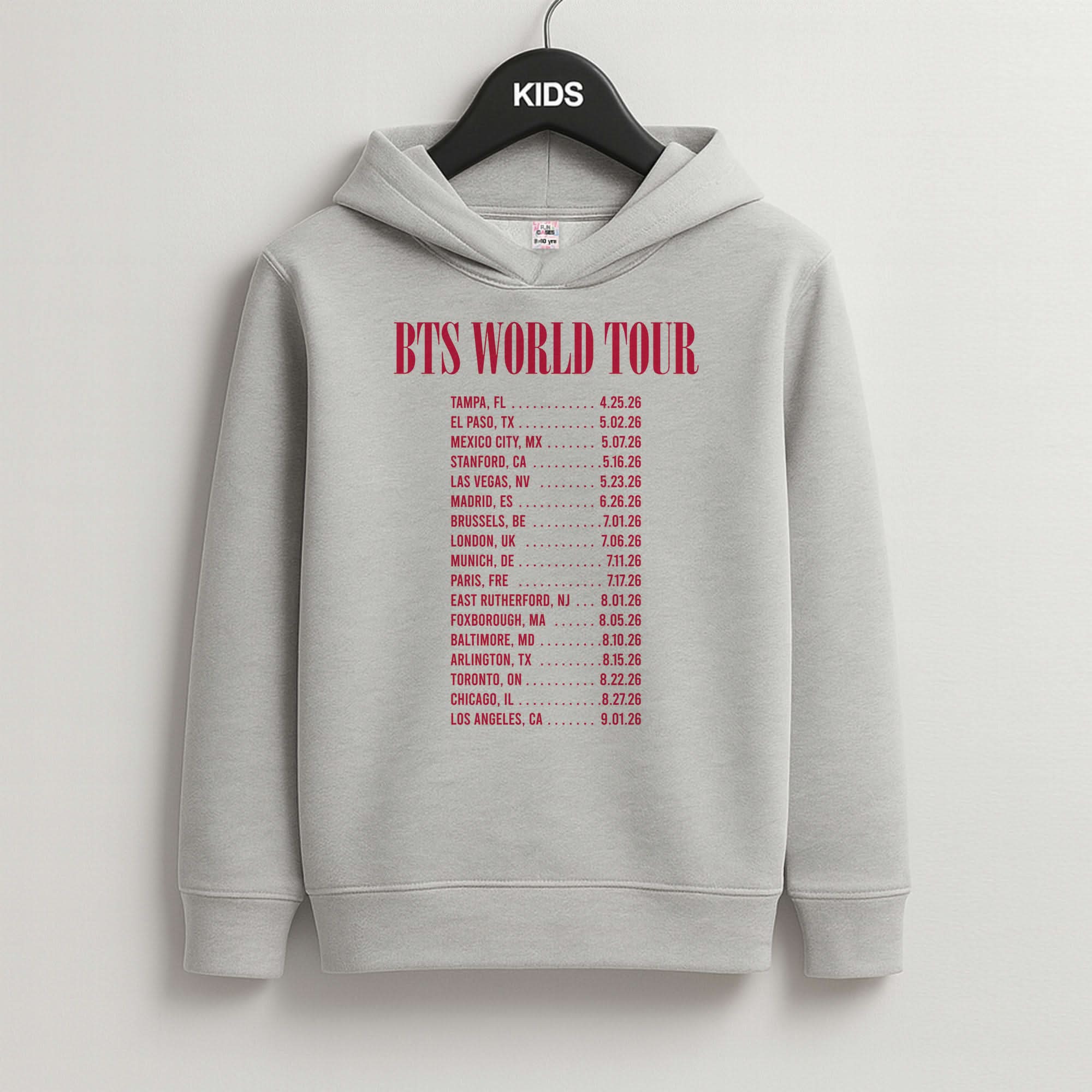 K-Pop Band World Tour List 2026 Grey Kids Hoodie