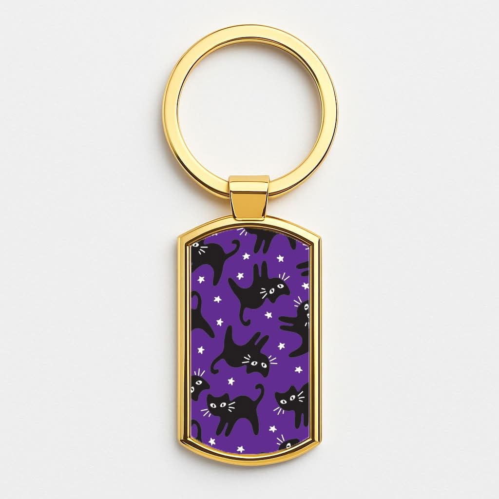 Cartoon Black Cats And Stars Pattern Gold Keyring