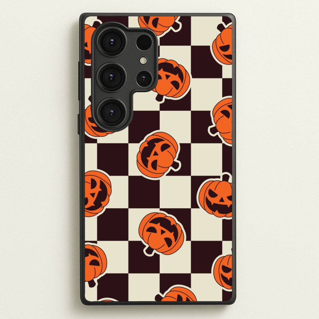 Pumpkin Stickers Checkered Pattern Galaxy S25 Ultra Case
