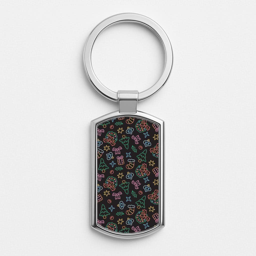 Neon Christmas Icons Pattern I Silver Metal Keyring