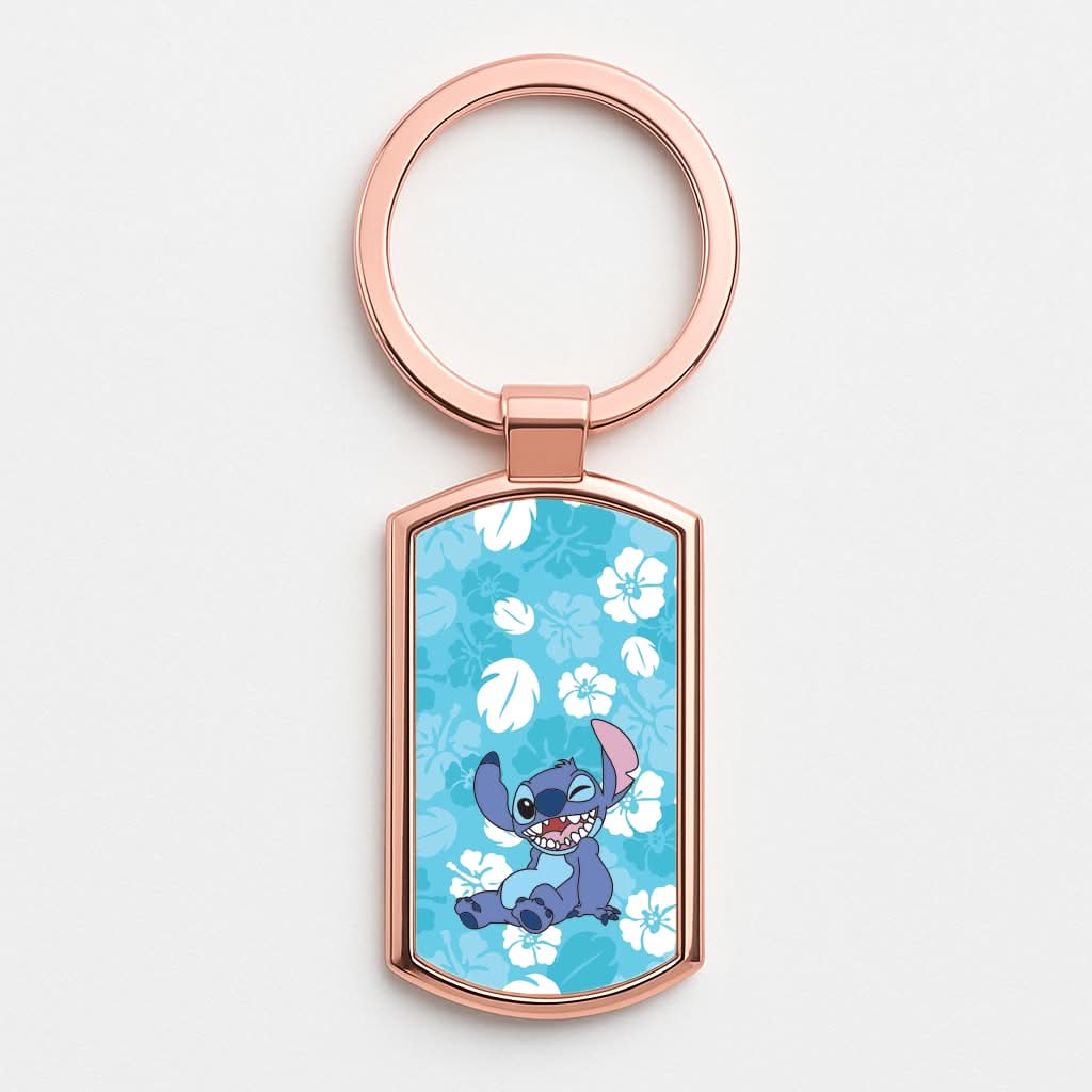 Cute Blue Alien Floral Pattern Rose Gold Keyring