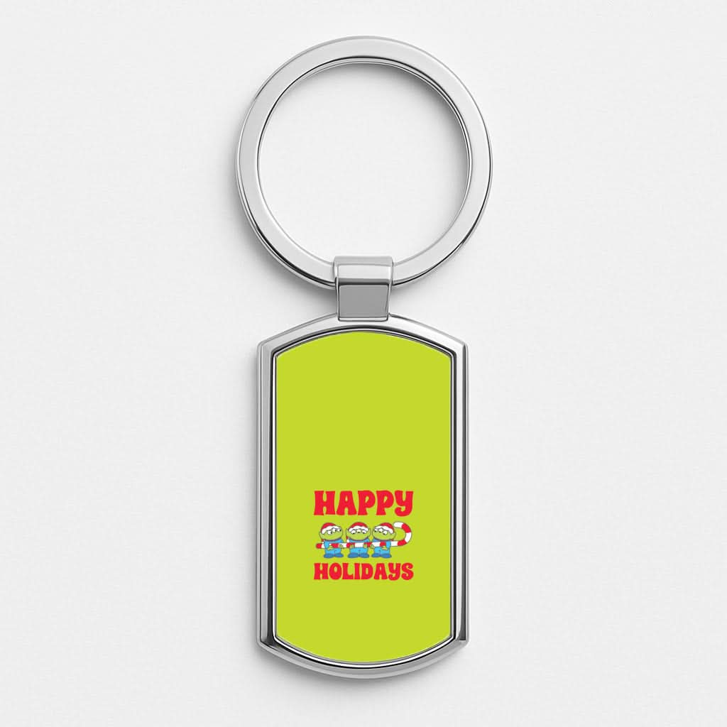 Happy Holidays Cute Green Aliens Silver Metal Keyring