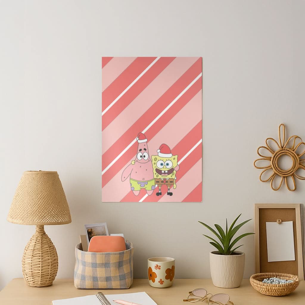 Cartoon Sponge And Starfish Christmas Hats Art Print