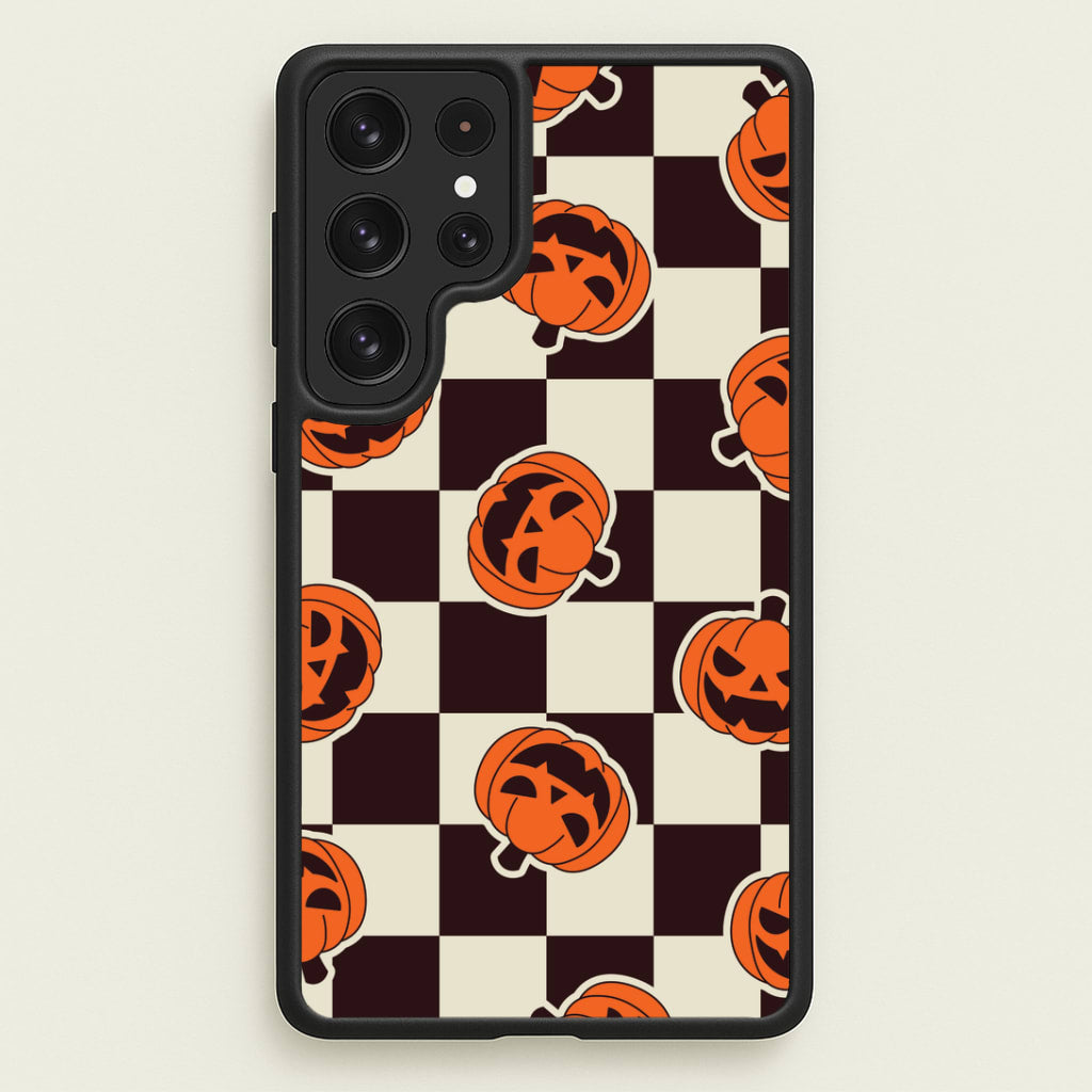 Pumpkin Stickers Checkered Pattern Galaxy S22 Ultra Case