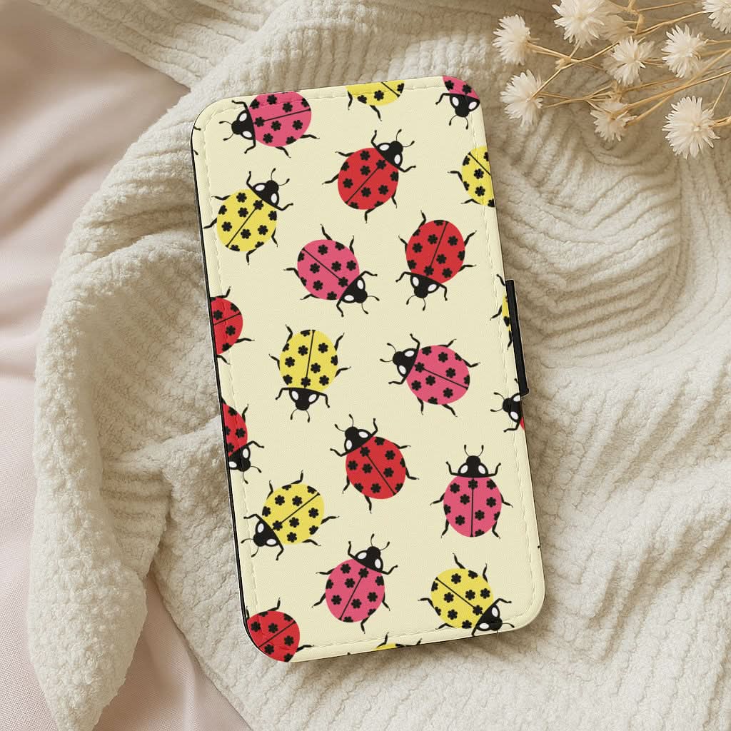 Ladybugs With Flower Spots Pattern Leather Phone Case