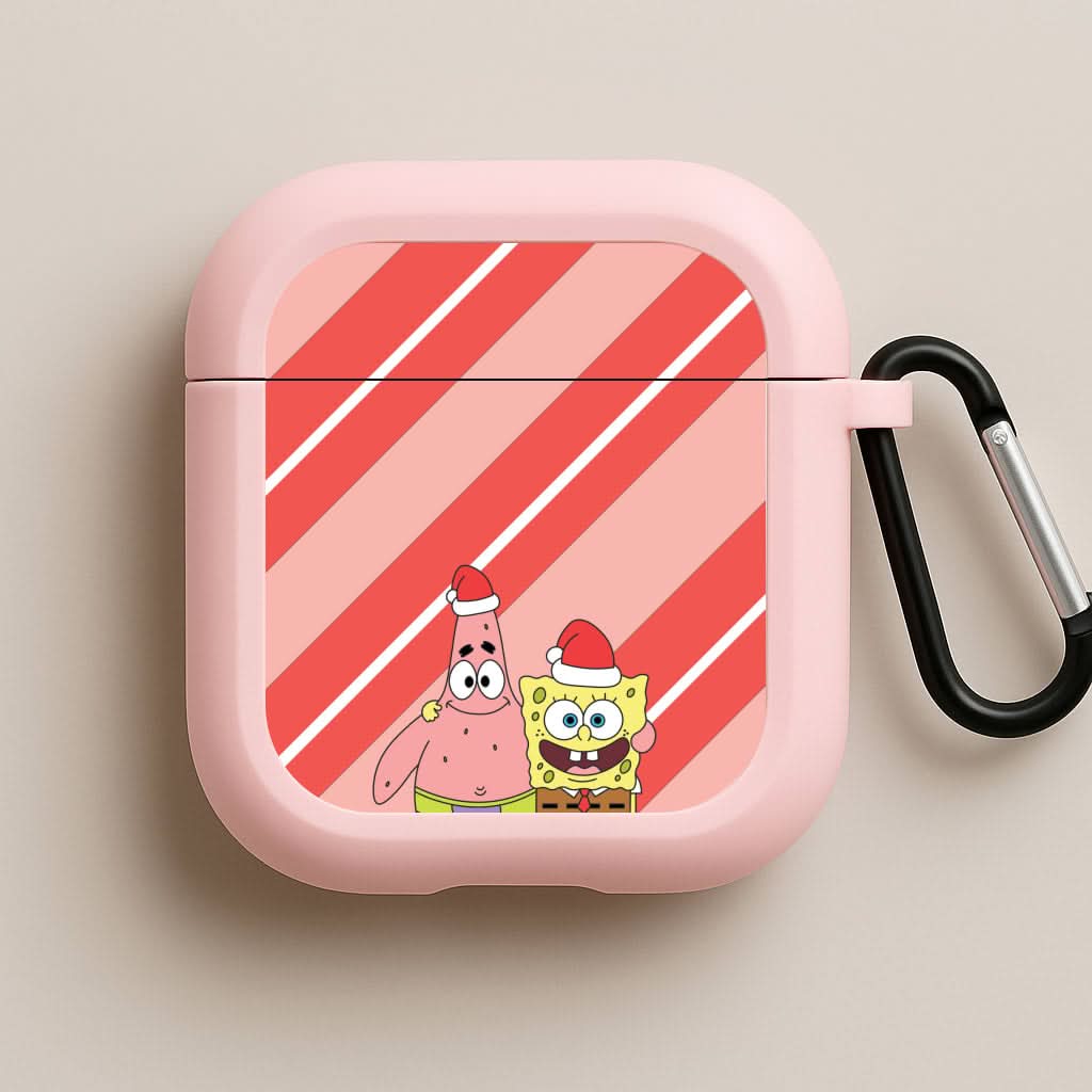 Cartoon Sponge And Starfish Christmas Hats Pink AirPods Case