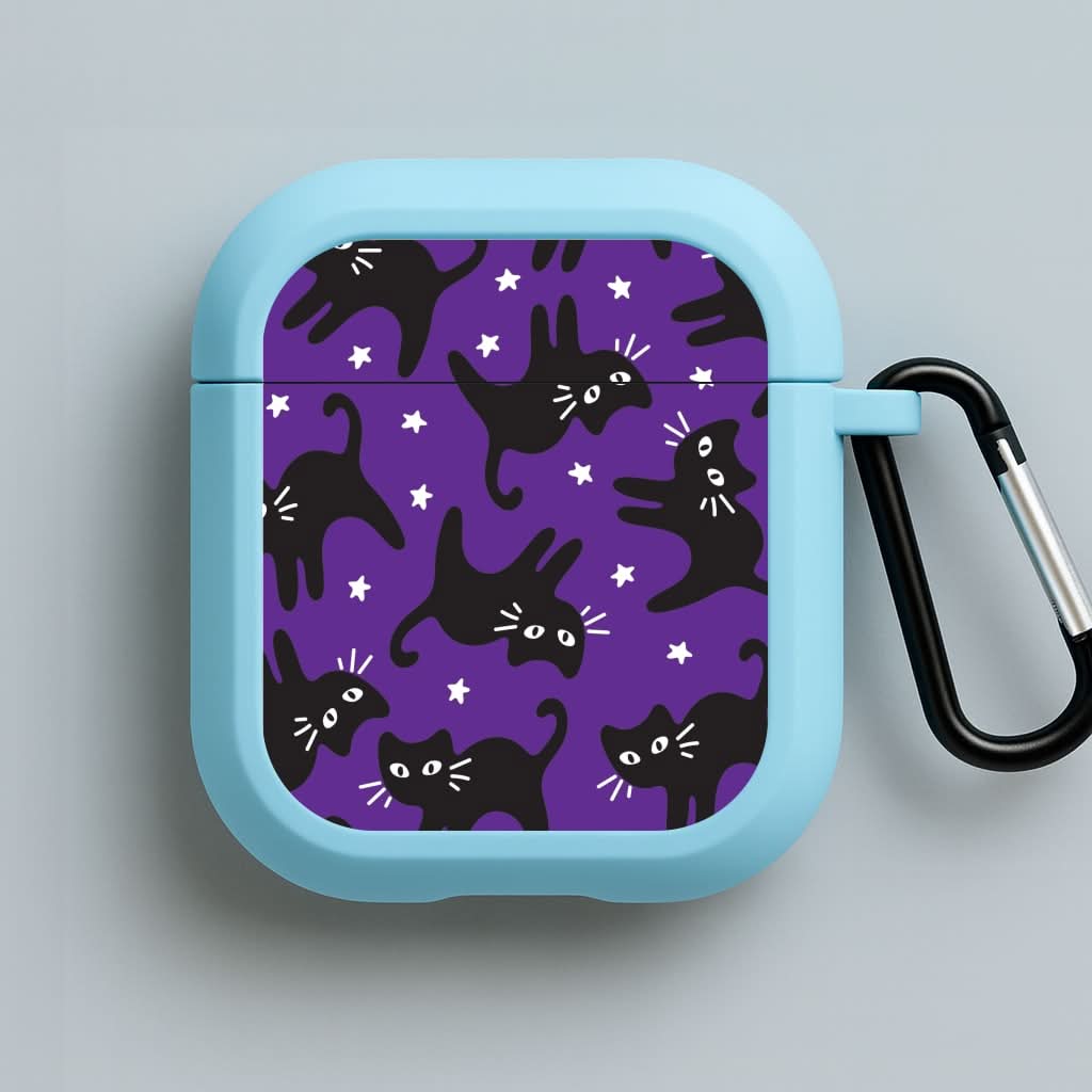 Cartoon Black Cats And Stars Pattern Blue AirPods Case