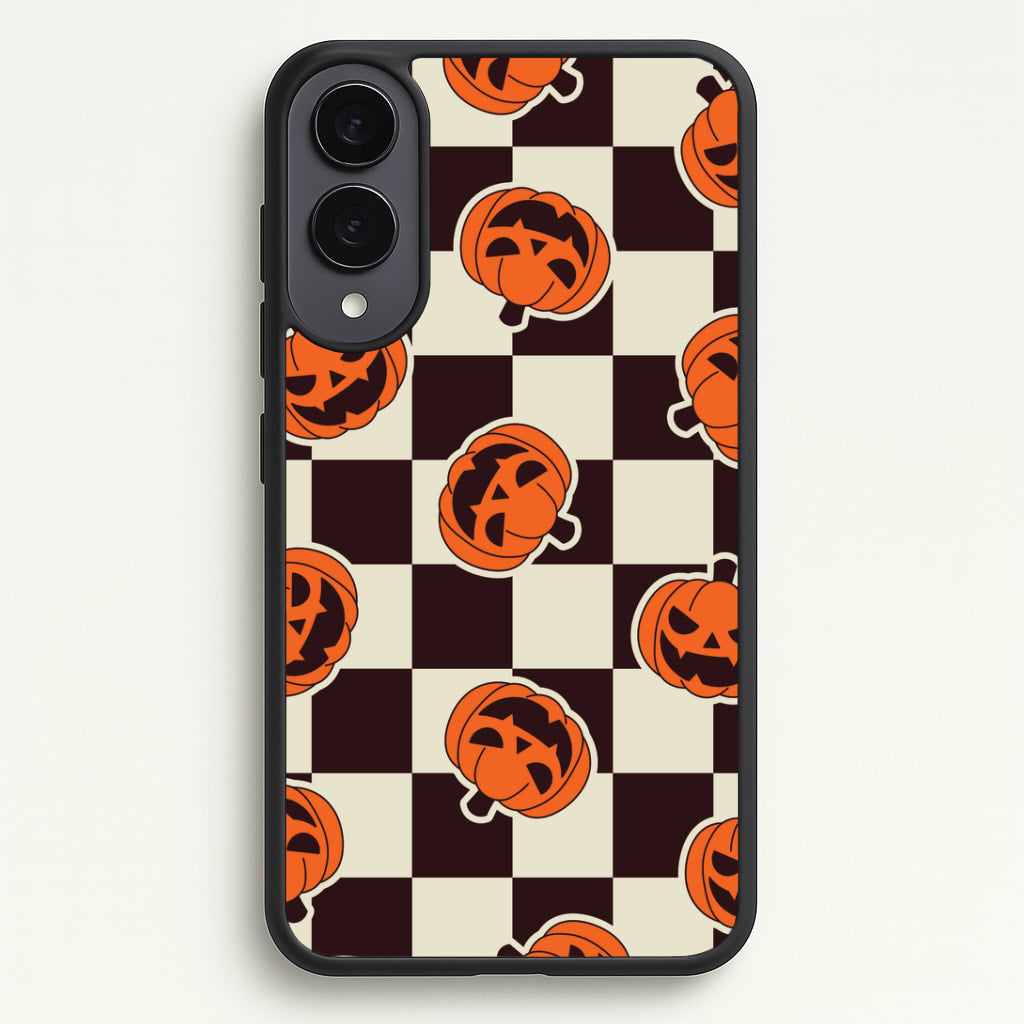 Pumpkin Stickers Checkered Pattern Galaxy S25 Edge Case