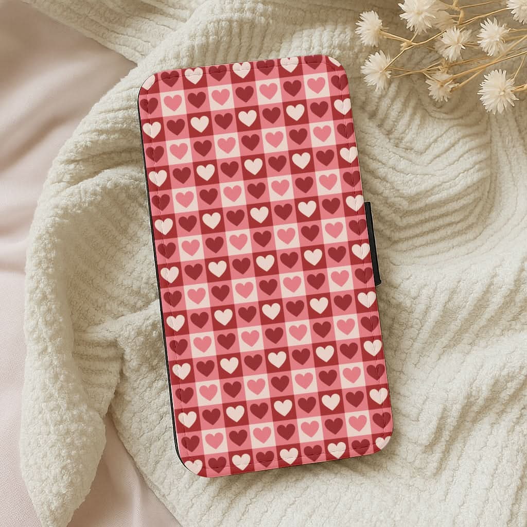 Pink Tartan Love Hearts Pattern Leather Phone Case