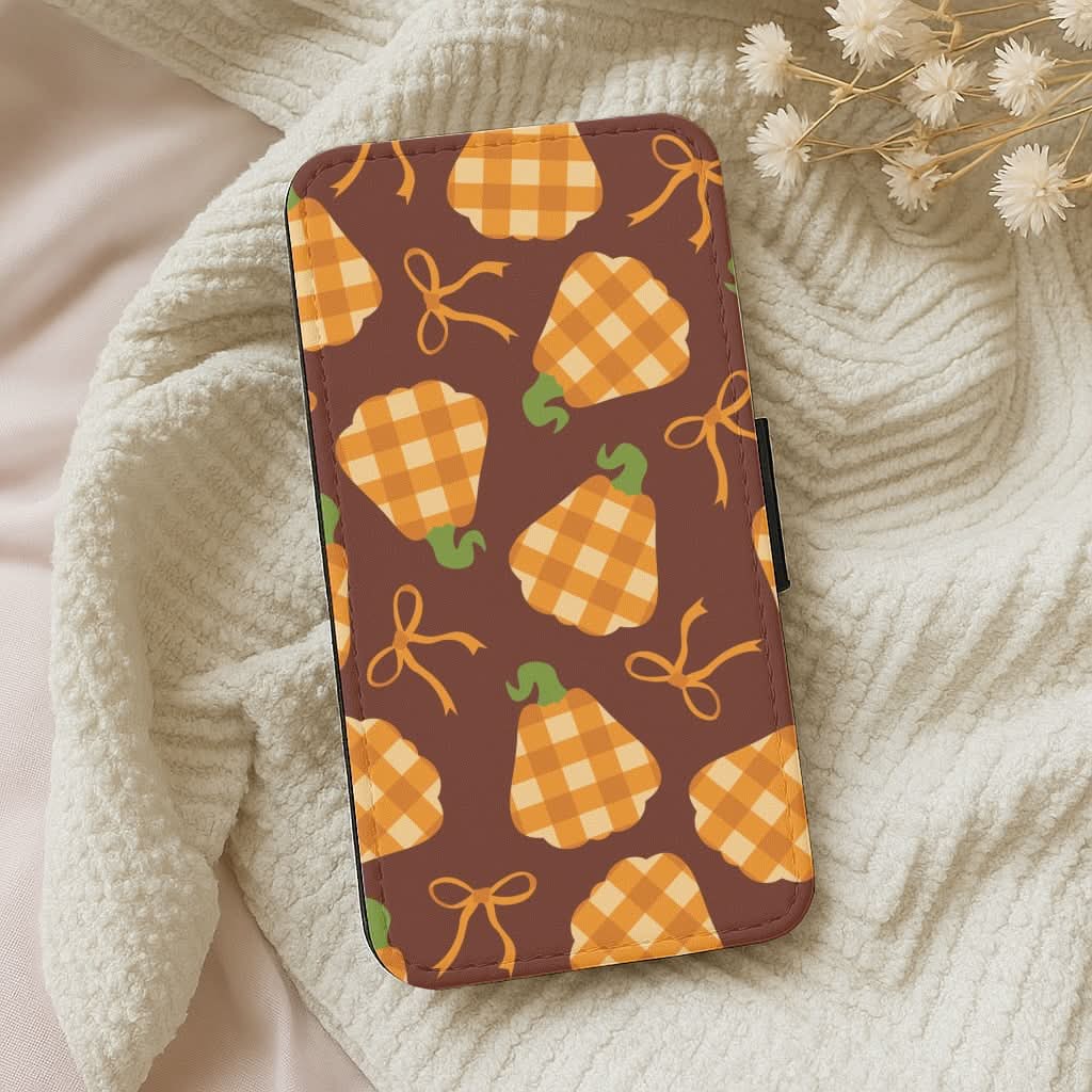 Tartan Pumpkins And Bows Pattern Leather Phone Case