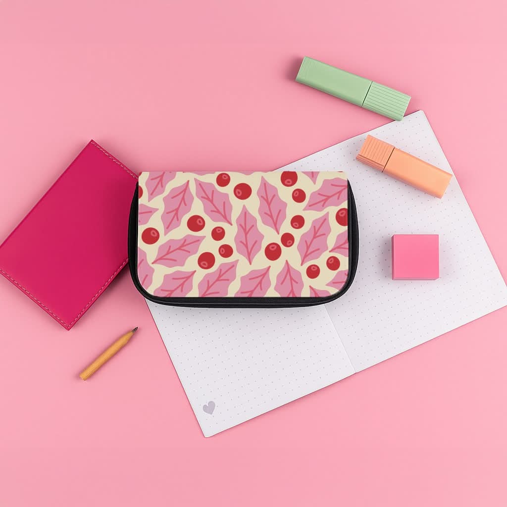 Pink Holly And Berries Pattern Pencil Case