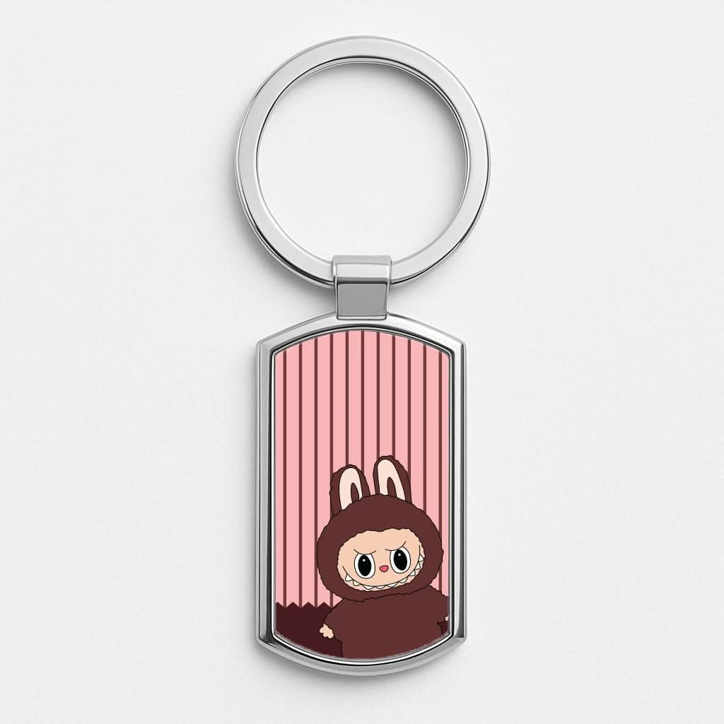 Stripey Cute Brown Monster Silver Metal Keyring