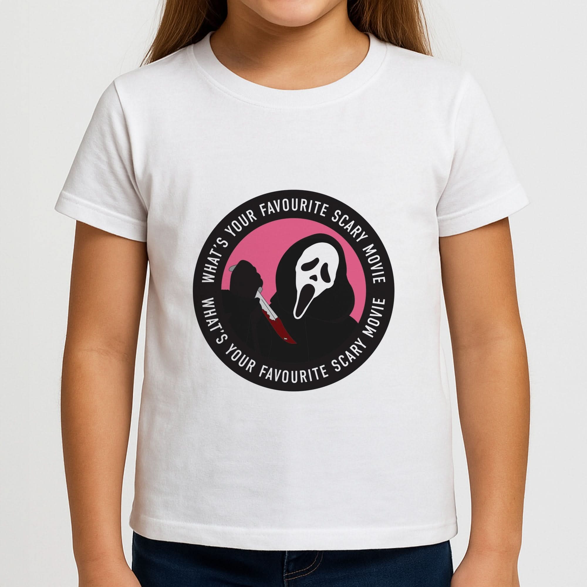 What's Your Favourite Scary Movie Badge Girls T-Shirt