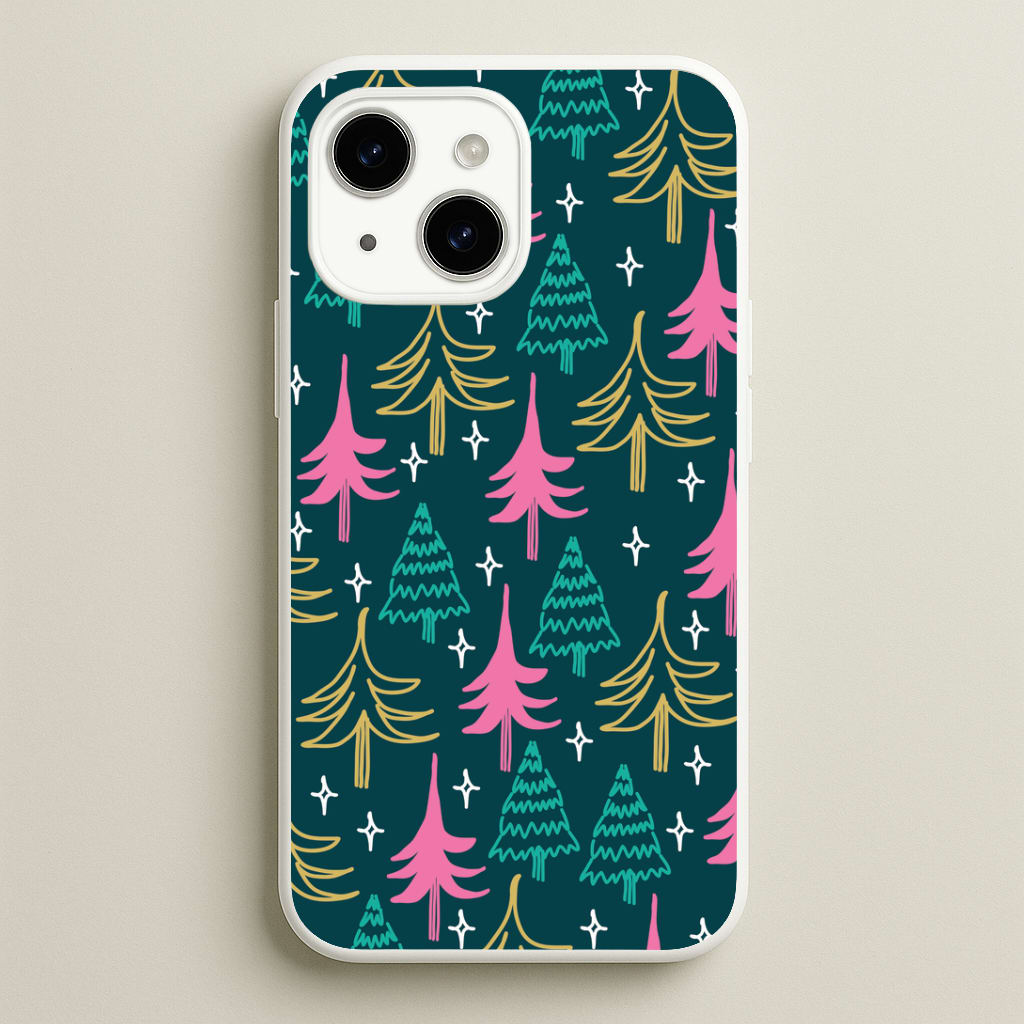 Colourful Sketched Christmas Trees Pattern iPhone 14 Plus Case