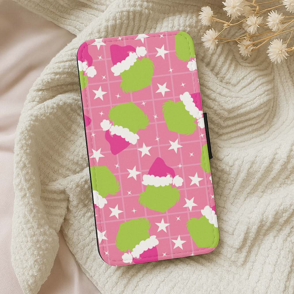 Pink Green Creature Xmas Pattern Leather Phone Case