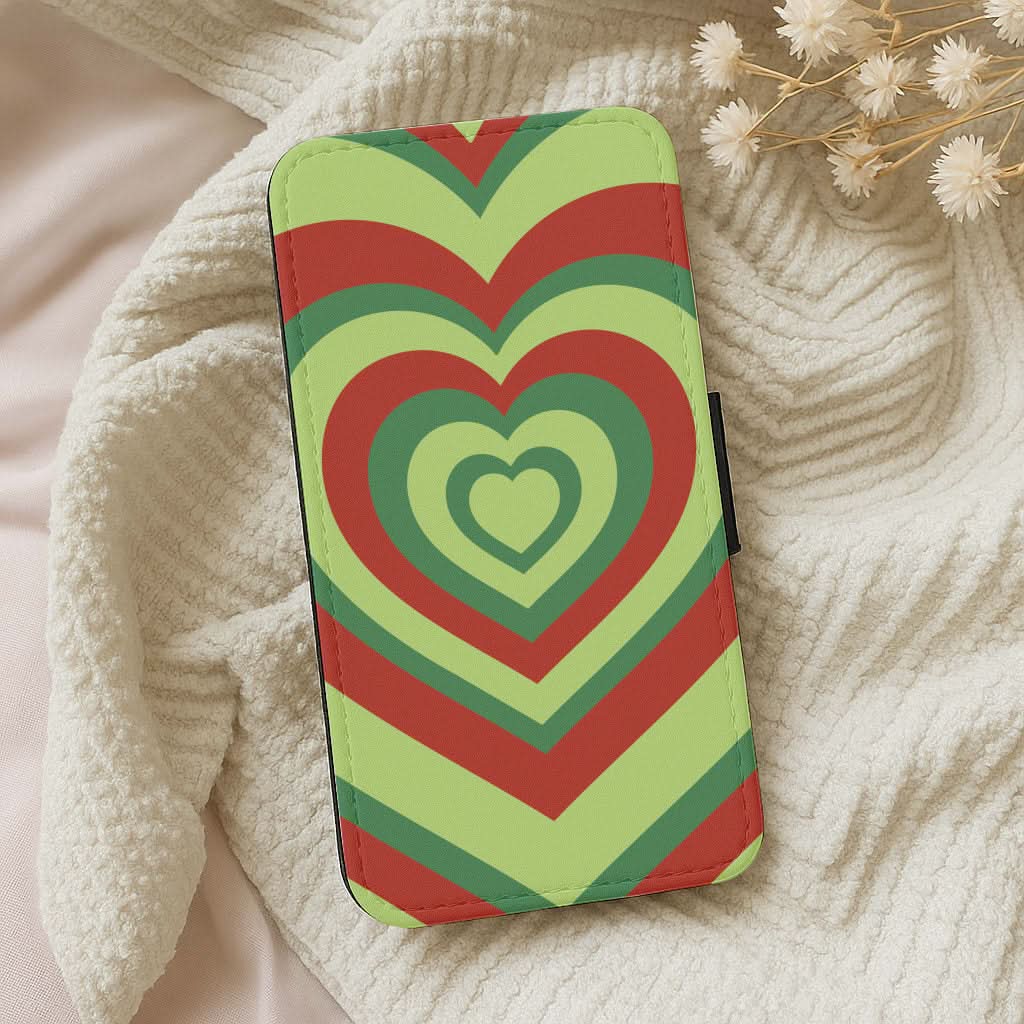 Red And Green Trippy Heart Christmas Pattern Leather Phone Case
