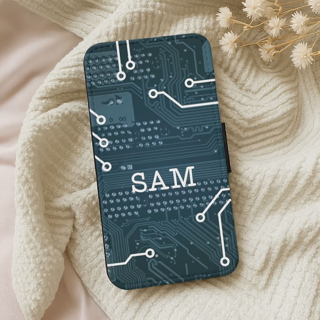 Blue Circuit Board Personalised Name Leather Phone Case