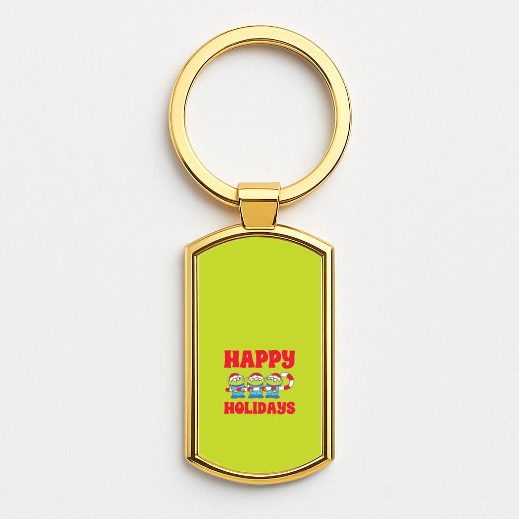Happy Holidays Cute Green Aliens Gold Keyring